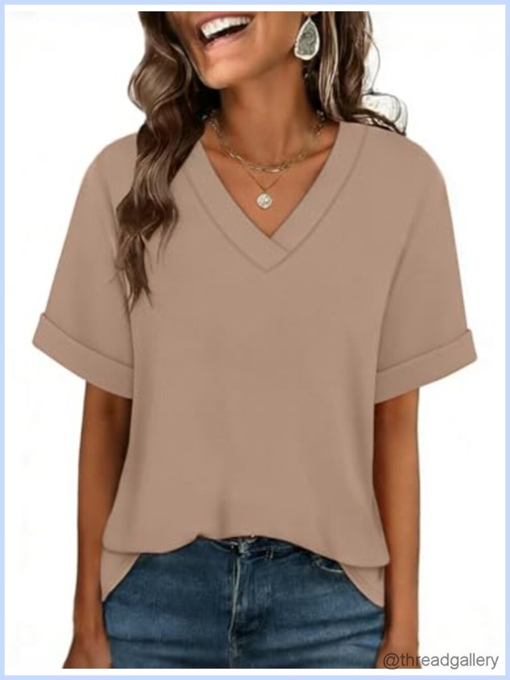 Womens Oversized V Neck T Shirt Rolled Short Sleeve Casual Blouse